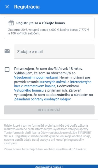 Registracia Tipsport sk